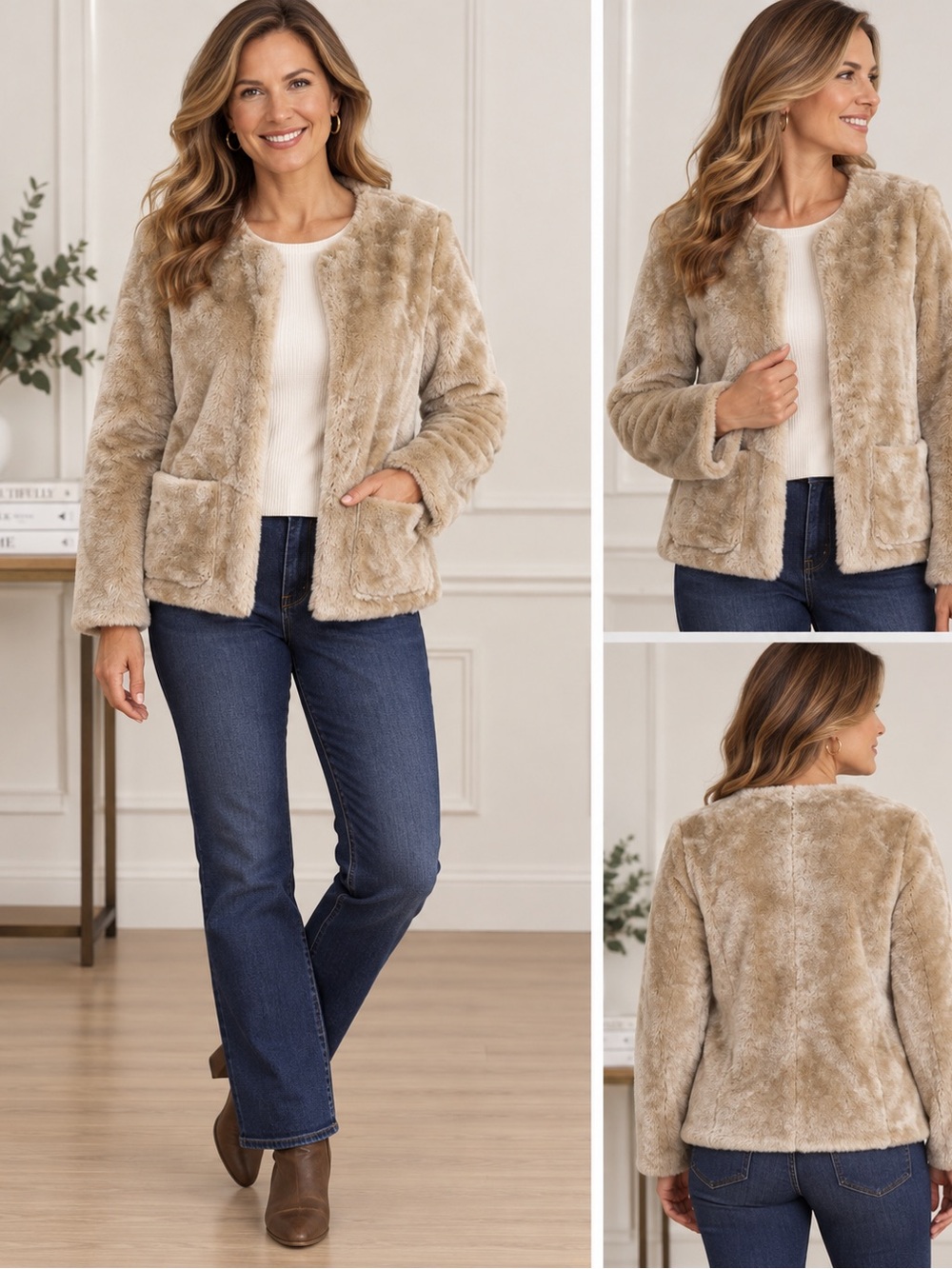 LOFT Size M Beige Faux Fur Jacket Faux Suede Lined Zip Front Plush Cozy Pockets